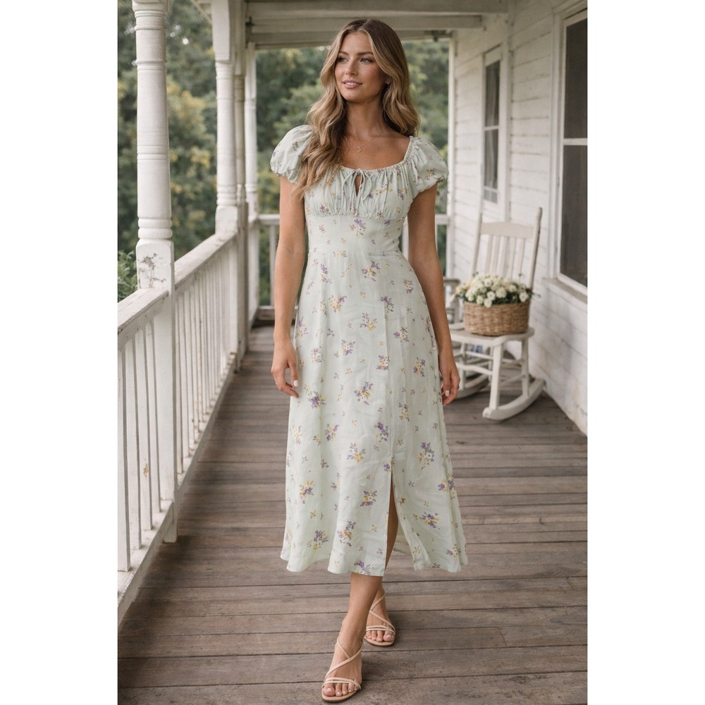 Altar'd State Sage Green Floral Puff Sleeve Dress Cottagecore Spring Small O2